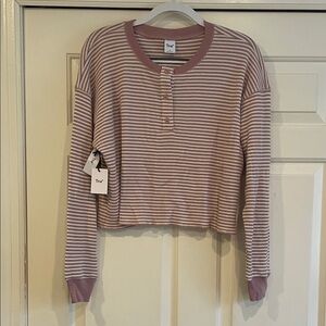 TNA Cropped Henley in Dusty Mauve & White Stripes